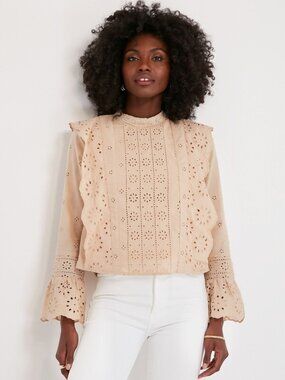 Tuckernuck Hyacinth House Tan Eyelet Long Sleeve Gracelyn Blouse Size Medium